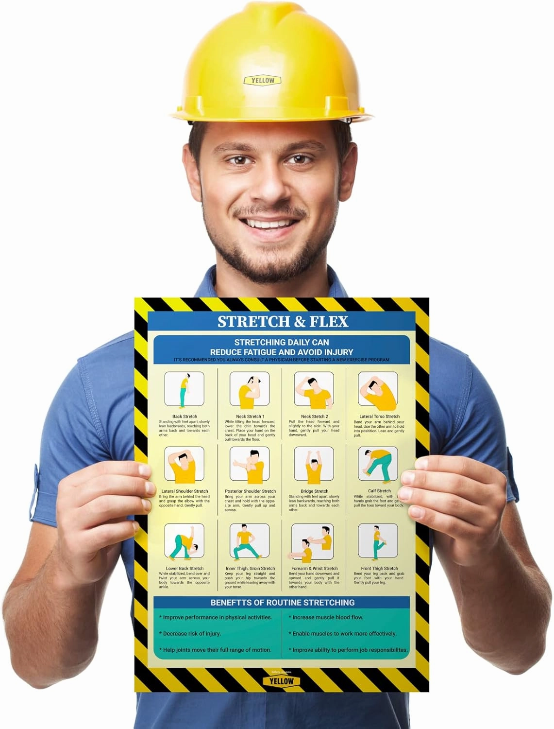 Super 6 Pack Workplace Safety Poster - Non-Lamintated, 12"x16", "Choking", "CPR", "First Aid", "Lift Safely", "Stretch & Flex", and "Fire Extinguisher".