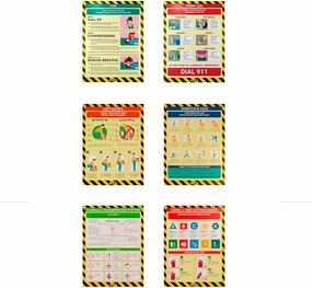 Super 6 Pack Workplace Safety Poster - Non-Lamintated, 12"x16", "Choking", "CPR", "First Aid", "Lift Safely", "Stretch & Flex", and "Fire Extinguisher".