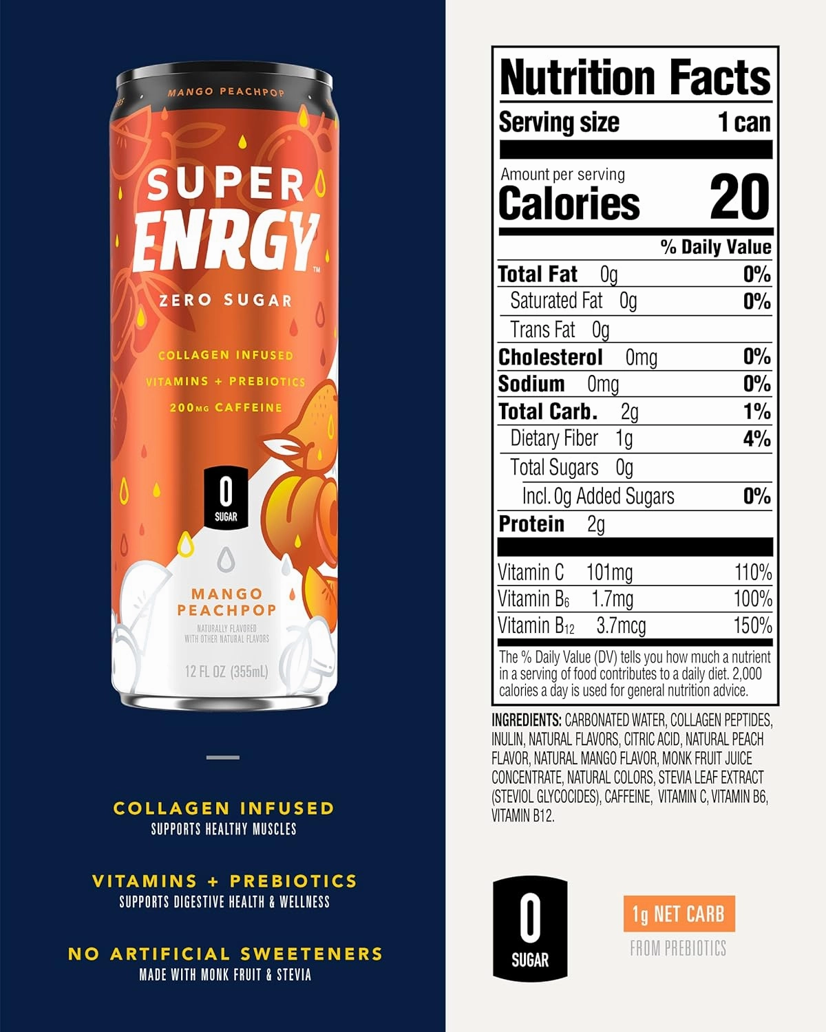 Super ENRGY Healthy Energy Drink, [Mango Peach Pop], (0g Sugar, 200mg Caffeine, No Artificial Sweeteners, Collagen Protein, Prebiotics, B Vitamins, 20 Calories), 12 pack | Sugar Free, Natural Energy, From the Makers of Super Coffee