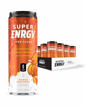 Super ENRGY Healthy Energy Drink, [Mango Peach Pop], (0g Sugar, 200mg Caffeine, No Artificial Sweeteners, Collagen Protein, Prebiotics, B Vitamins, 20 Calories), 12 pack | Sugar Free, Natural Energy, From the Makers of Super Coffee