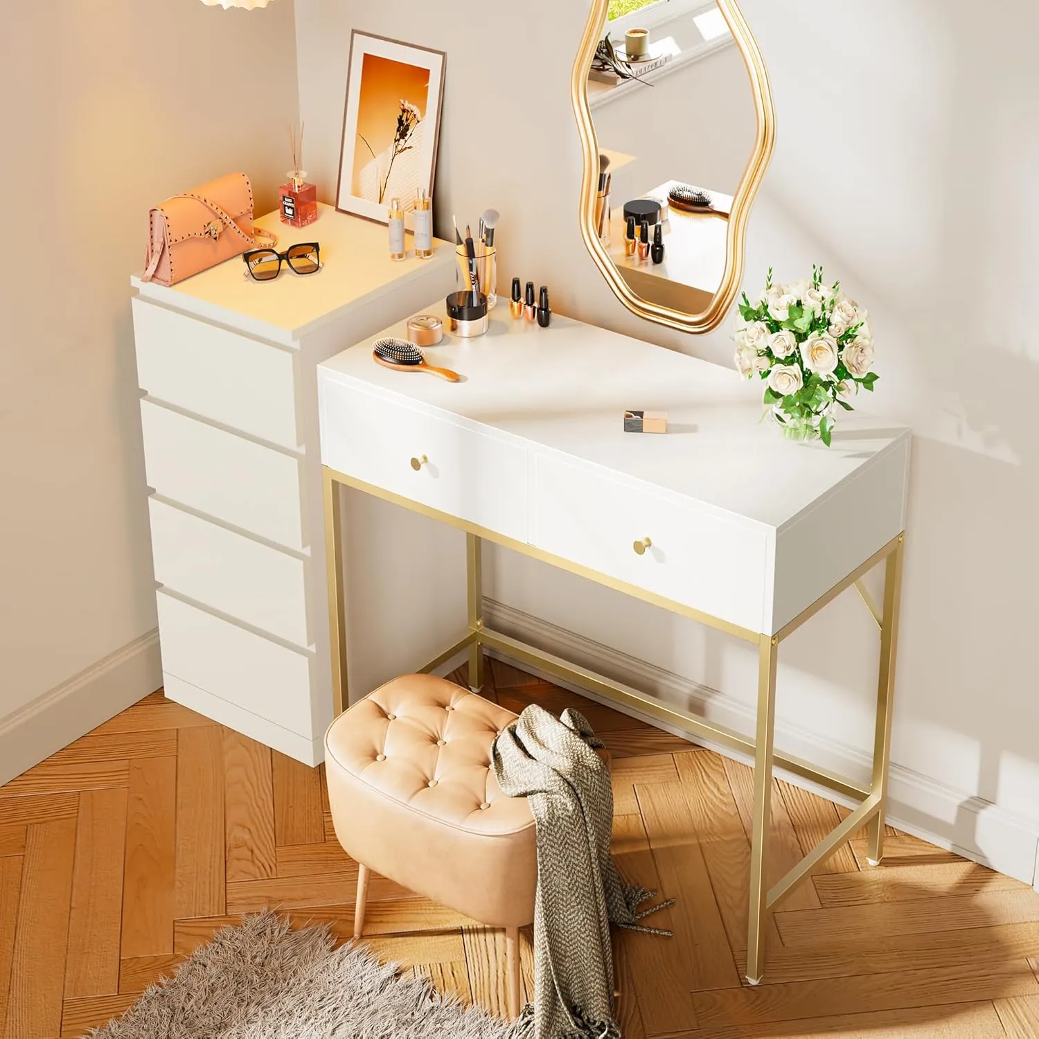 SUPERJARE 31.5" White and Gold Desk with 2 Drawers, Modern Vanity Desk, Small Makeup Table for Home Office Writing Study Bedroom