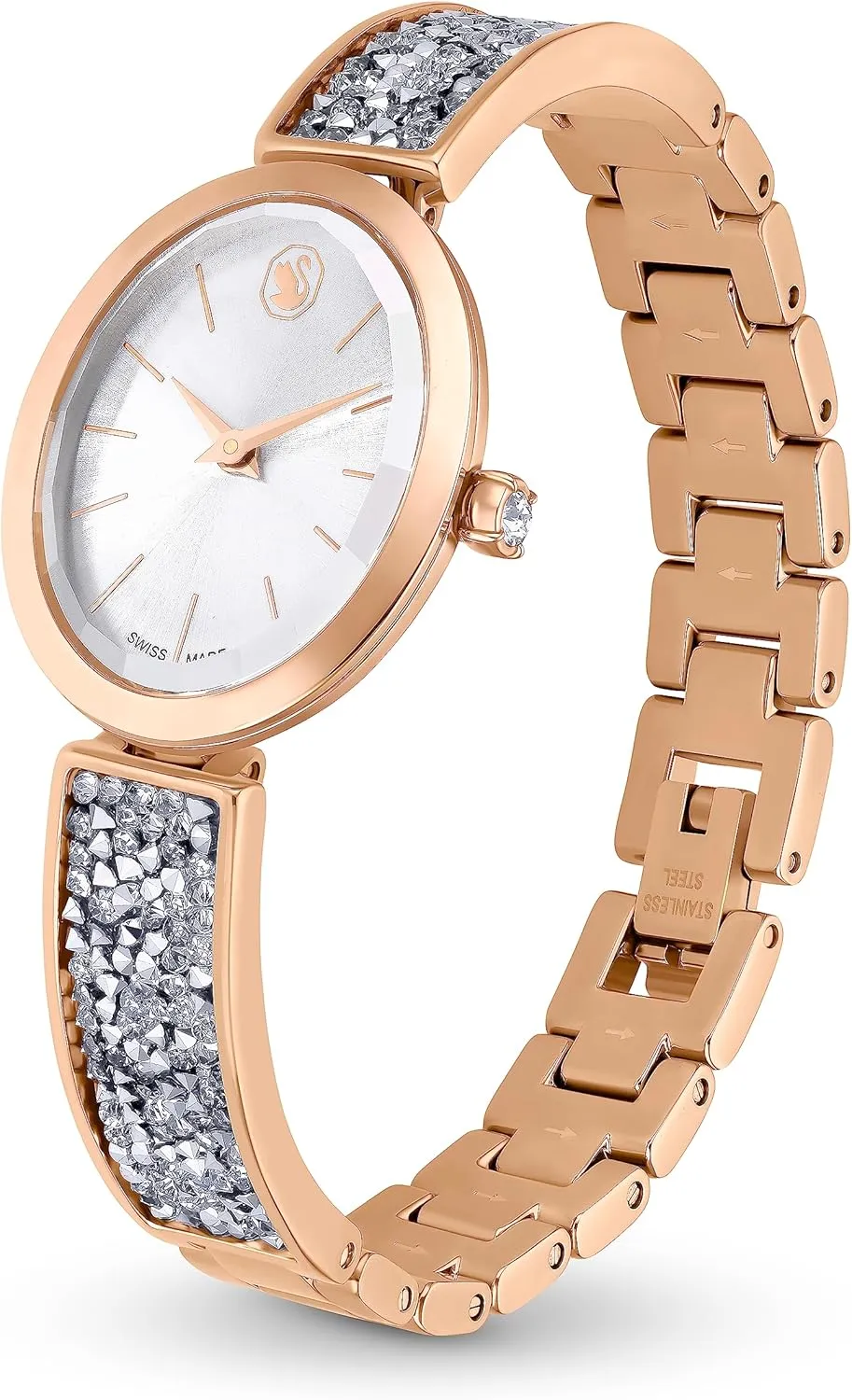 Swarovski Crystal Rock Oval Watch, Metal Bracelet, Blue, Rose Gold-Tone Finish, Swiss Made, Part of The Crystal Rock Watch Collection