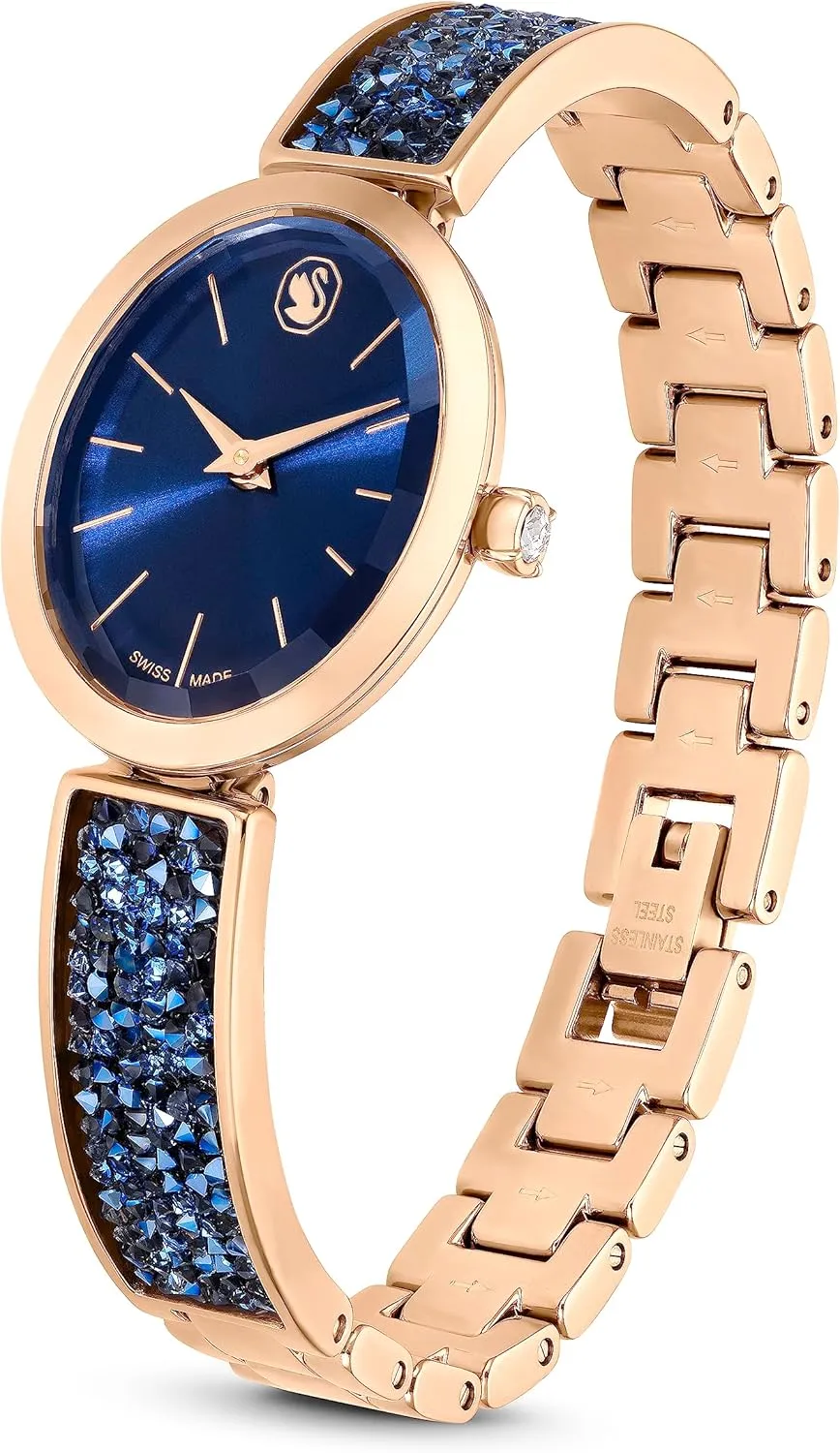 Swarovski Crystal Rock Oval Watch, Metal Bracelet, Blue, Rose Gold-Tone Finish, Swiss Made, Part of The Crystal Rock Watch Collection