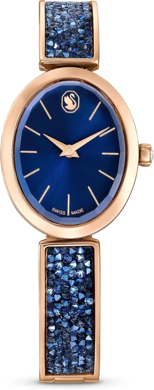 Swarovski Crystal Rock Oval Watch, Metal Bracelet, Blue, Rose Gold-Tone Finish, Swiss Made, Part of The Crystal Rock Watch Collection