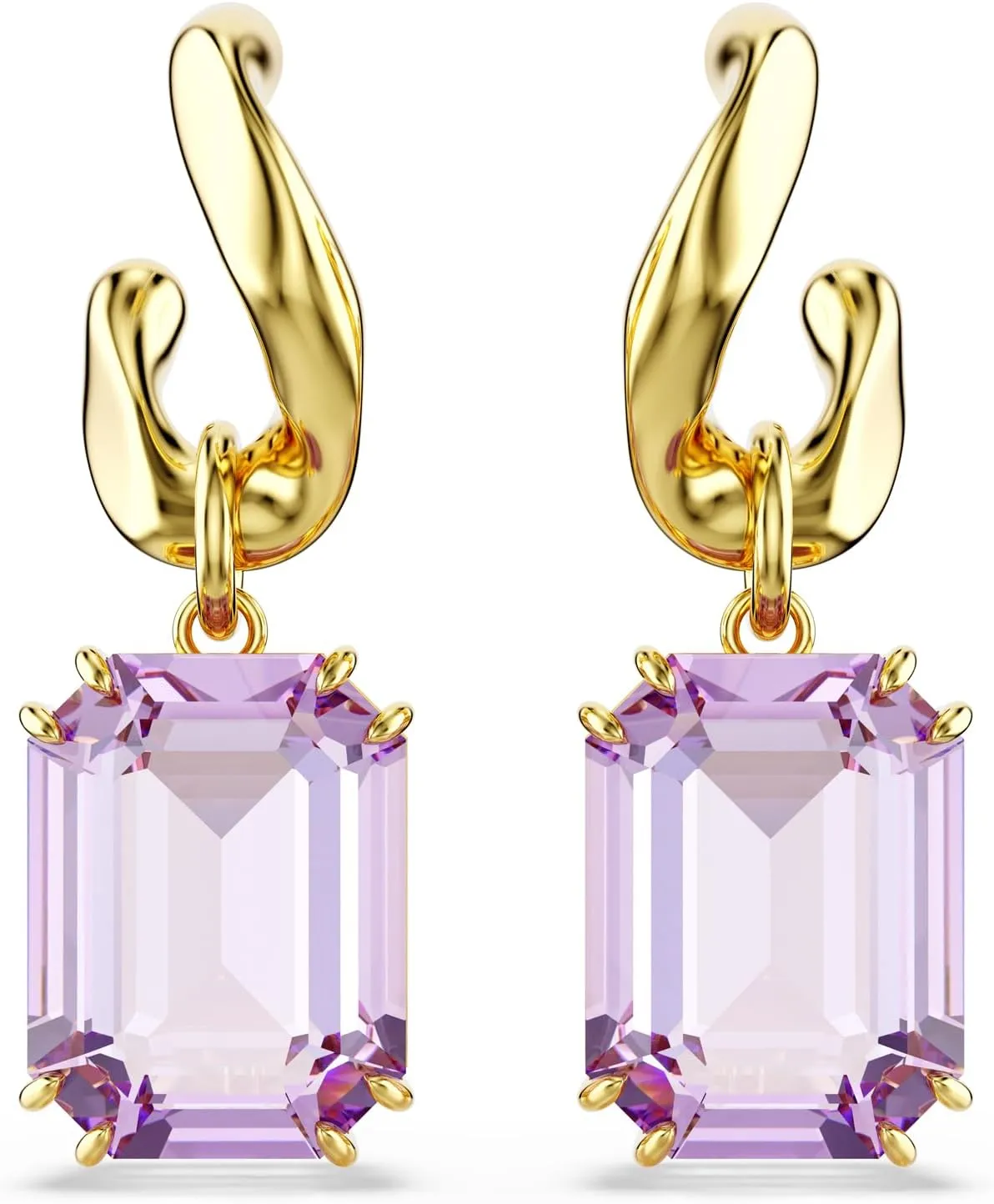 Swarovski Millenia drop earrings, Octagon cut, Purple, Gold-tone Finish