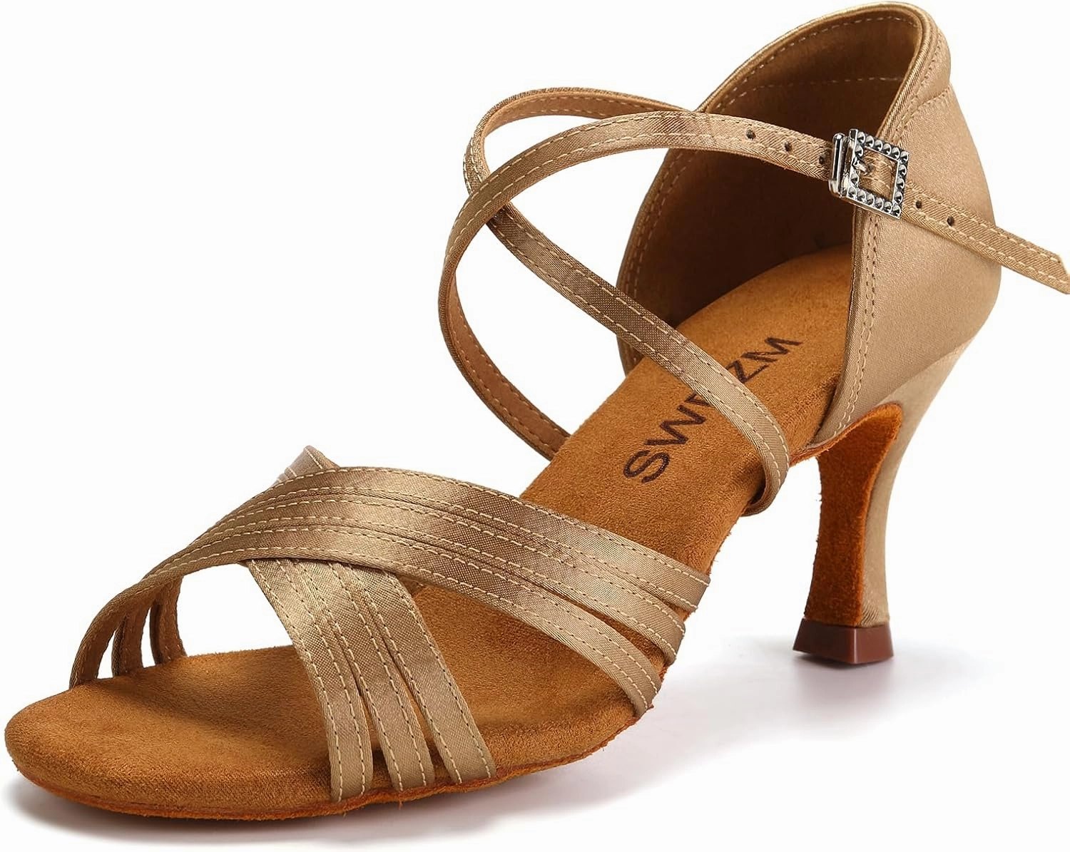 SWDZM Women Latin Dance Shoes Satin Professional Ballroom Salsa Practice Performance Dance Shoes,Beige,Heel 3 inch,Suede Sole,US 8.5