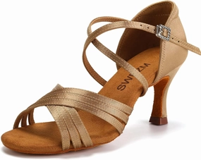 SWDZM Women Latin Dance Shoes Satin Professional Ballroom Salsa Practice Performance Dance Shoes,Beige,Heel 3 inch,Suede Sole,US 8.5