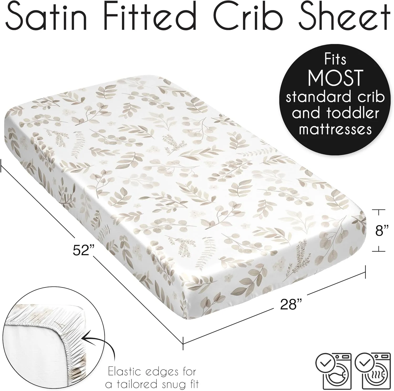 Sweet Jojo Designs Taupe Floral Leaf Boy Girl Gender Neutral Baby Satin Fitted Crib Sheet Infant Newborn Nursery Toddler Bed Room Standard Mattress Ivory Boho Bohemian Watercolor Botanical Woodland