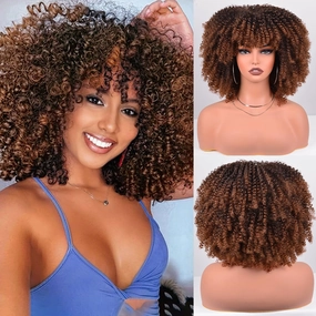 Synthetic Wig 12 Inches Curly Afro Wig With Bangs about 280g/Piece Full Machine Made Afro Kinky Curly Hair Cosplay (Black to Brown)