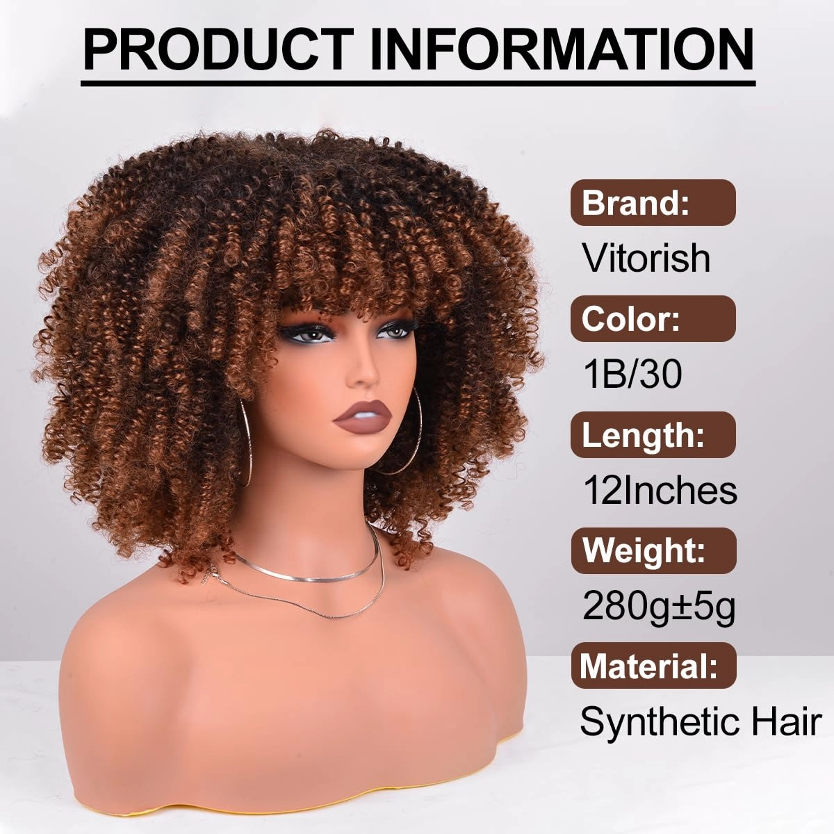 Synthetic Wig 12 Inches Curly Afro Wig With Bangs about 280g/Piece Full Machine Made Afro Kinky Curly Hair Cosplay (Black to Brown)
