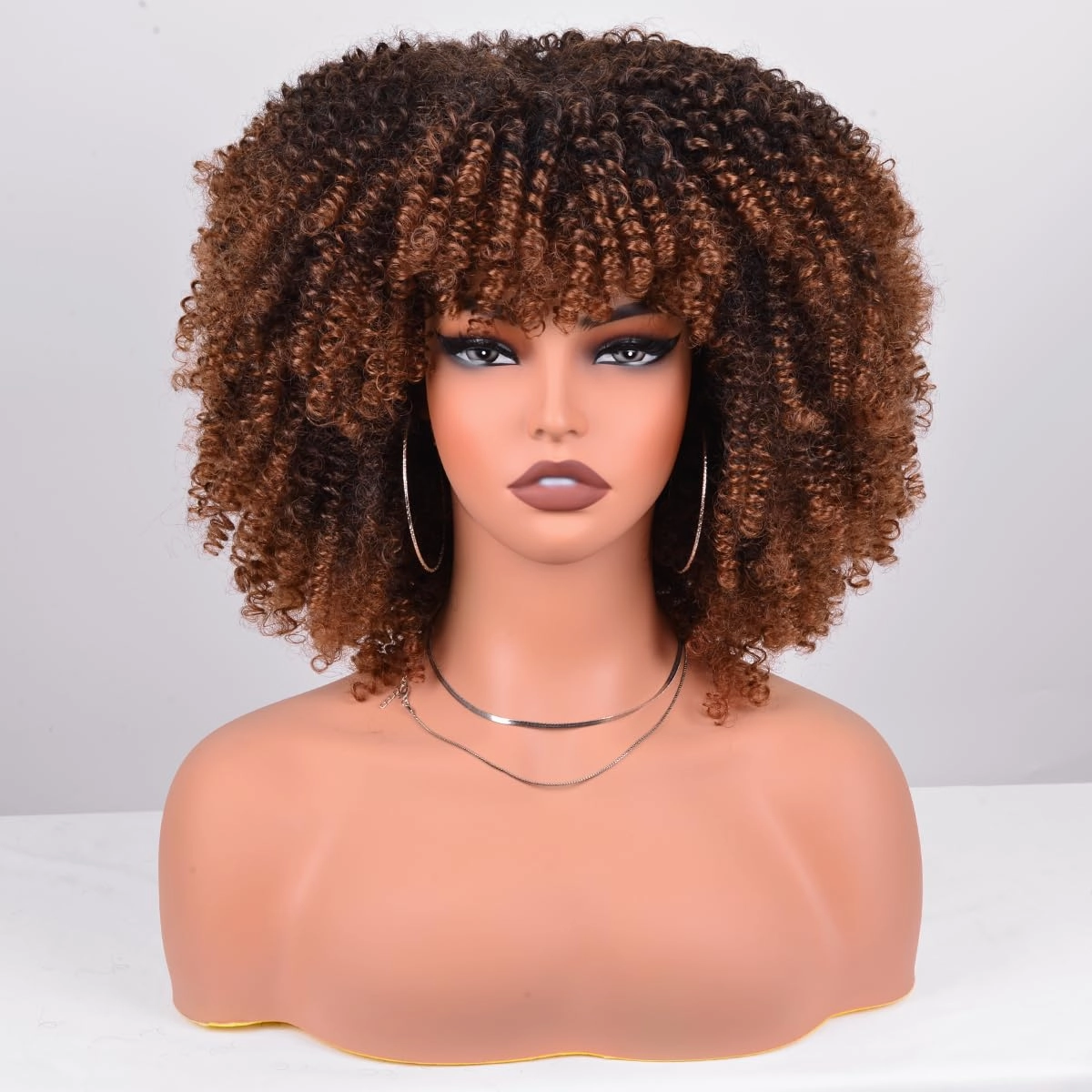 Synthetic Wig 12 Inches Curly Afro Wig With Bangs about 280g/Piece Full Machine Made Afro Kinky Curly Hair Cosplay (Black to Brown)