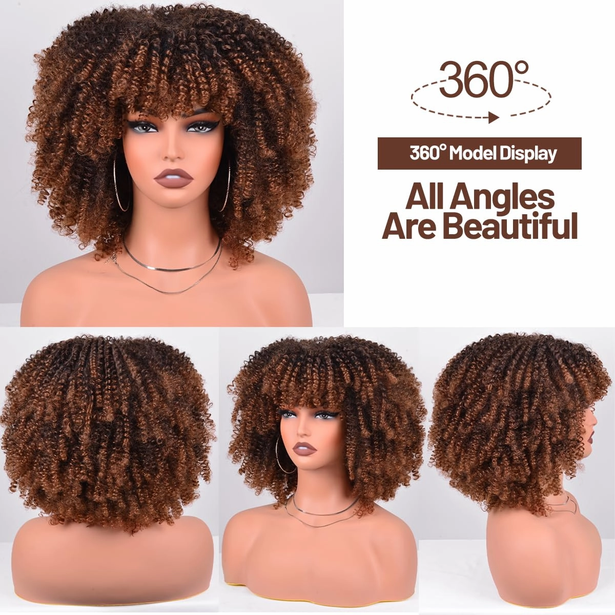 Synthetic Wig 12 Inches Curly Afro Wig With Bangs about 280g/Piece Full Machine Made Afro Kinky Curly Hair Cosplay (Black to Brown)