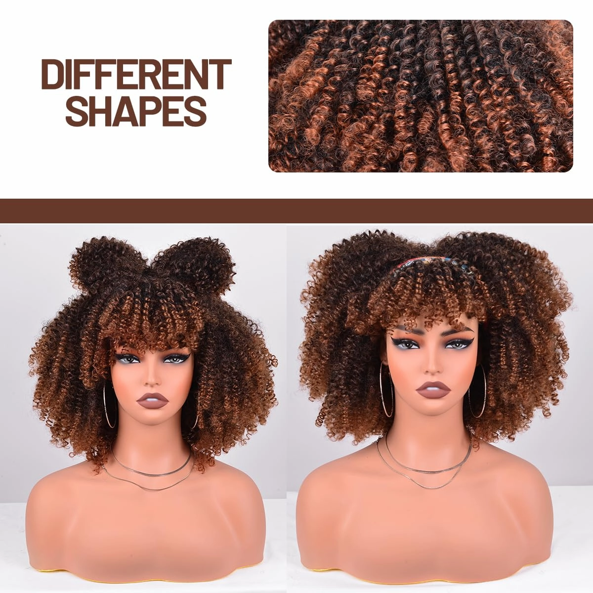 Synthetic Wig 12 Inches Curly Afro Wig With Bangs about 280g/Piece Full Machine Made Afro Kinky Curly Hair Cosplay (Black to Brown)