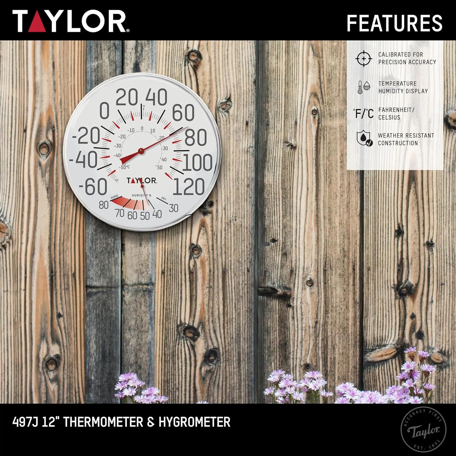 Taylor Metal Wall Indoor Outdoor Thermometer and Hygrometer, Easy to Read Numbers for Patio, Pool, and Indoor Areas, 12 inch, White