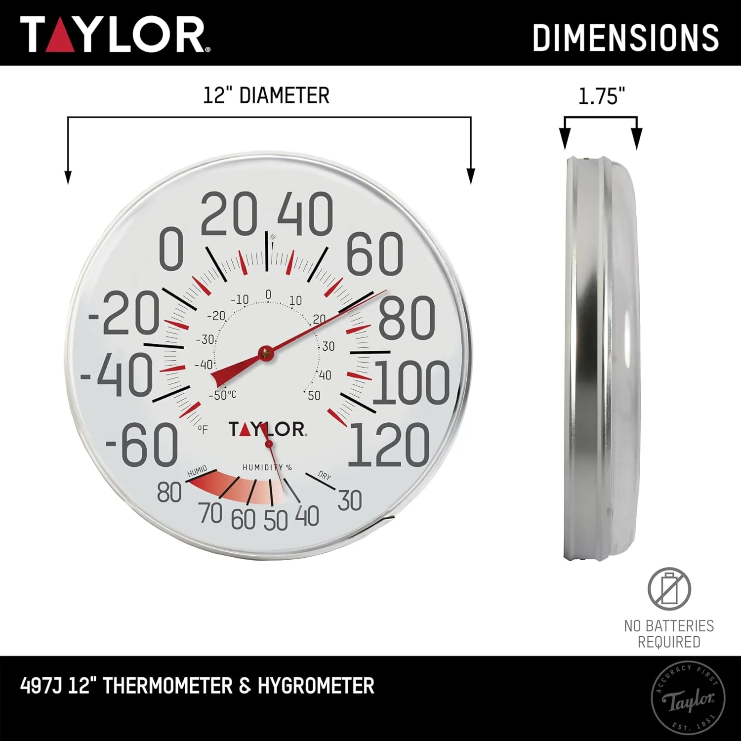 Taylor Metal Wall Indoor Outdoor Thermometer and Hygrometer, Easy to Read Numbers for Patio, Pool, and Indoor Areas, 12 inch, White