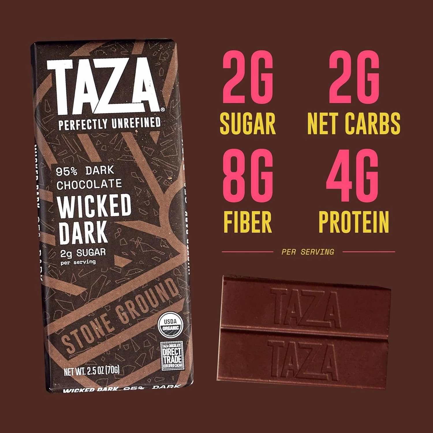 Taza Chocolate Organic Amaze Bar 95% Stone Ground, Wicked Dark, 2.5 Ounce (6 Count), Vegan