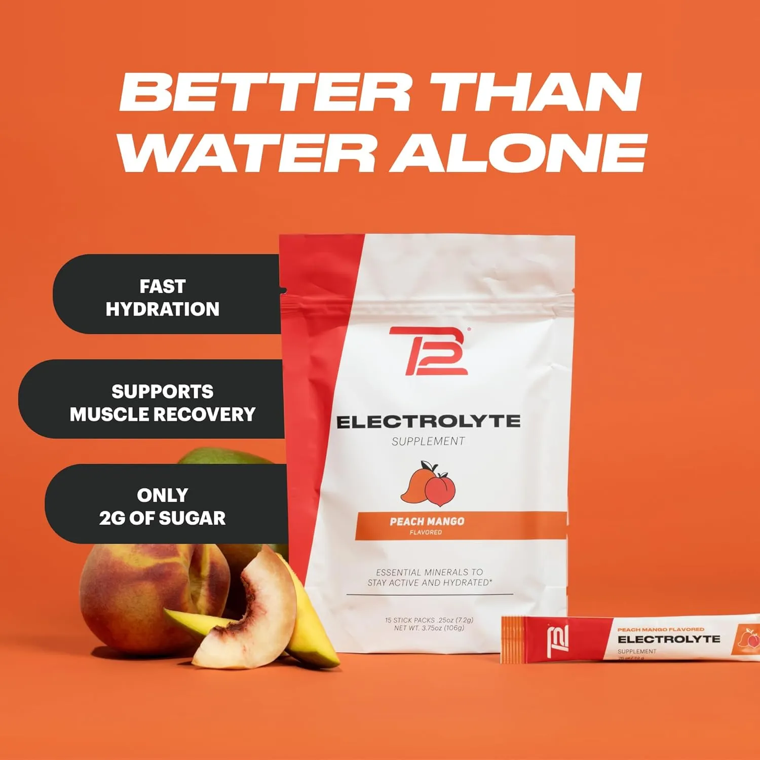 TB12 Electrolytes Powder Packets Peach Mango – Mineral-Rich Electrolyte Powder for Fast Hydration by Tom Brady - Natural, Low Sugar, Vegan, Gluten-Free, Easy to Mix - 15 Stickpacks