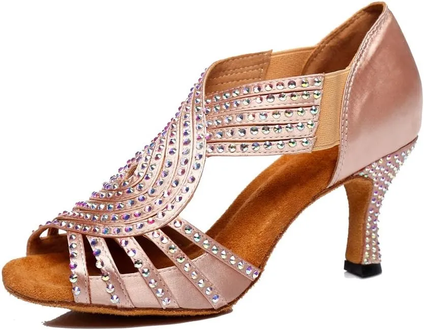 TDA Womens Slip-on Flaced Heel Beige Satin Crystals Latin Modern Salsa Tango Ballroom Wedding Dance Shoes 6.5 M US