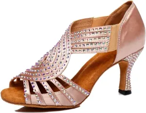 TDA Womens Slip-on Flaced Heel Beige Satin Crystals Latin Modern Salsa Tango Ballroom Wedding Dance Shoes 6.5 M US