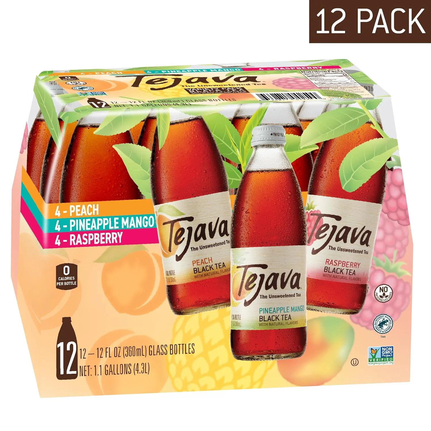 Tejava Black Tea Sampler, 12 ounce (12-Pack) Glass, Peach, Raspberry and Pineapple-Mango, Ready-to-Drink Premium Iced Tea