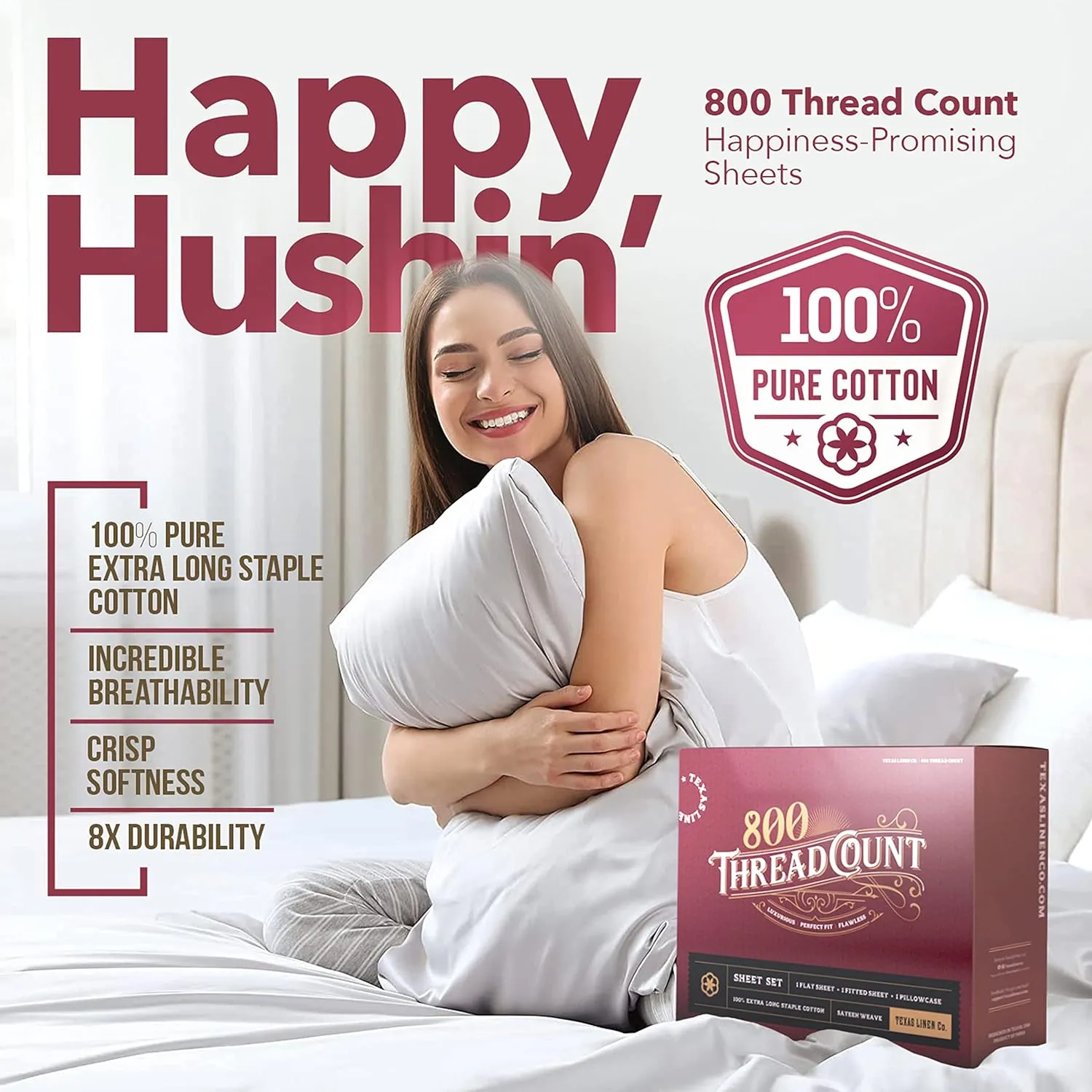 TEXAS LINEN CO. Egyptian Cotton Queen Size Sheets - 800 Thread Count 4 Piece Luxury Hotel Sheets for Queen Bed, Soft Cooling Sateen Bedding Sheets, 16" Deep Pocket (Fits Upto 18" Mattress) - Beige