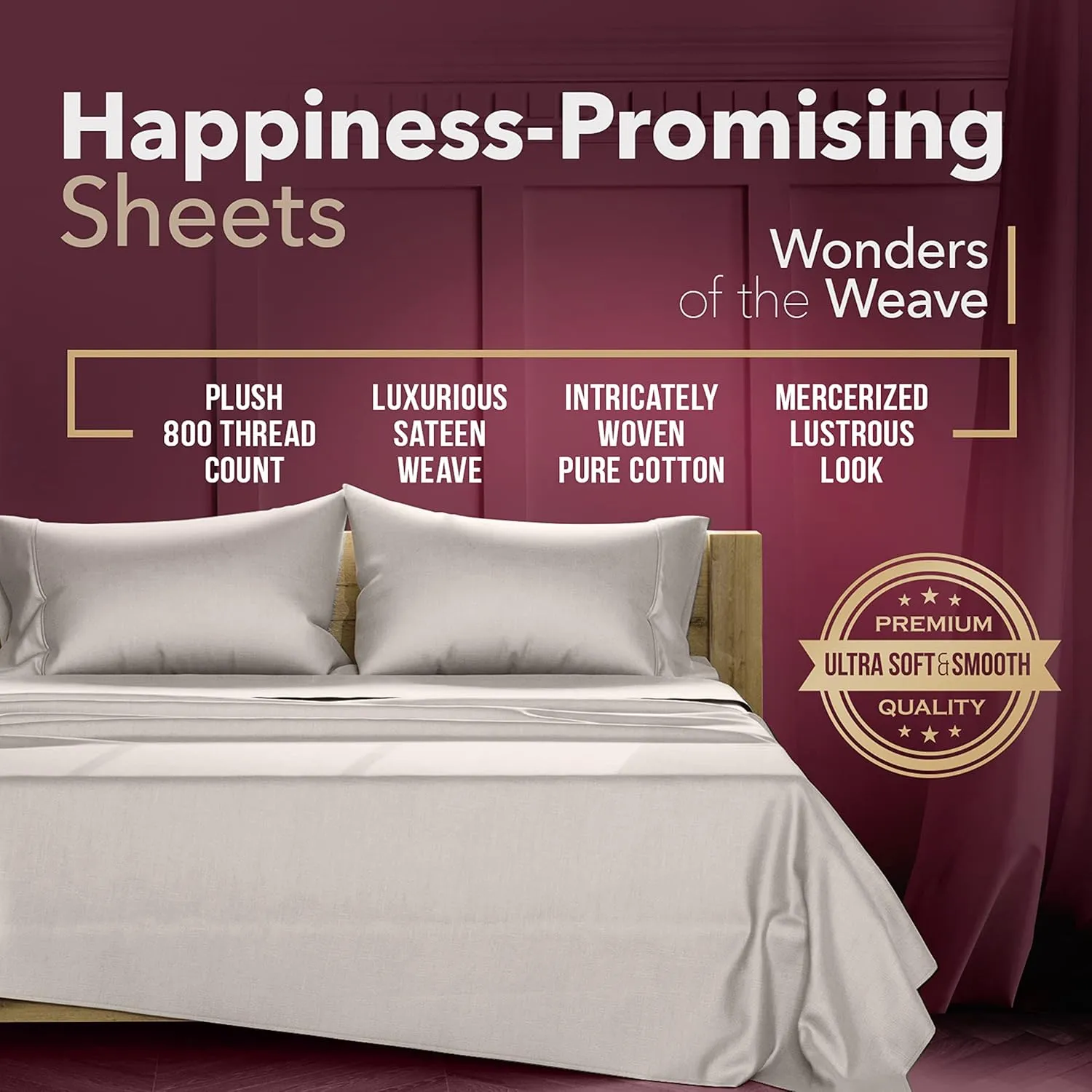 TEXAS LINEN CO. Egyptian Cotton Queen Size Sheets - 800 Thread Count 4 Piece Luxury Hotel Sheets for Queen Bed, Soft Cooling Sateen Bedding Sheets, 16" Deep Pocket (Fits Upto 18" Mattress) - Beige