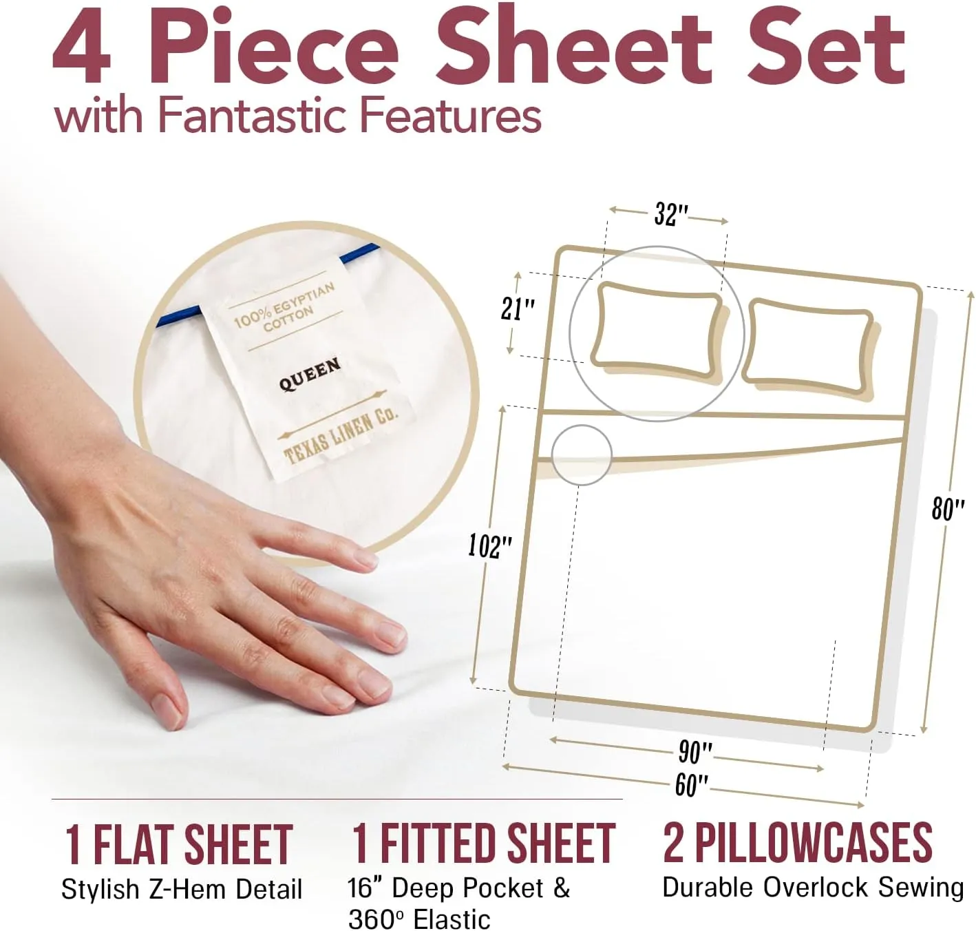 TEXAS LINEN CO. Egyptian Cotton Queen Size Sheets - 800 Thread Count 4 Piece Luxury Hotel Sheets for Queen Bed, Soft Cooling Sateen Bedding Sheets, 16" Deep Pocket (Fits Upto 18" Mattress) - Beige
