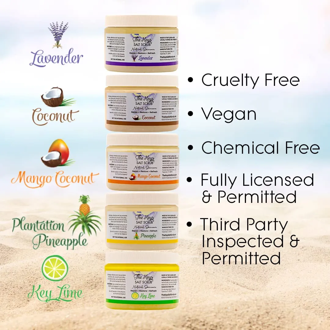 The Keys | Mango Coconut Sea Salt Scrub - Natural Exfoliating Body Scrub with Wooden Spoon, Organic Moisturizing Exfoliator for Face, Hand, Foot, Bath, Manicure/Pedicure & Bikini Area (3 pack 3.4 oz)