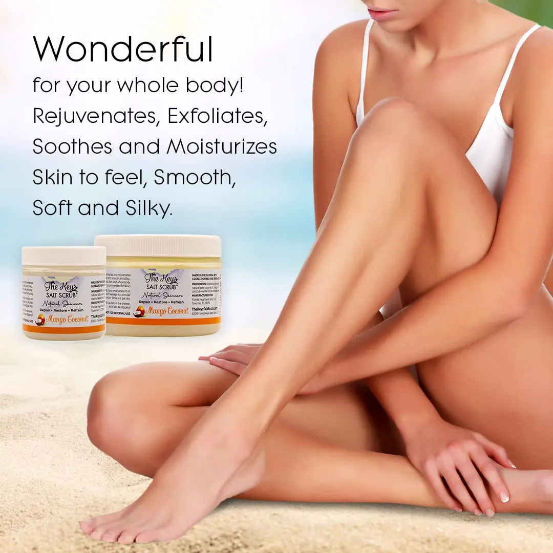 The Keys | Mango Coconut Sea Salt Scrub - Natural Exfoliating Body Scrub with Wooden Spoon, Organic Moisturizing Exfoliator for Face, Hand, Foot, Bath, Manicure/Pedicure & Bikini Area (3 pack 3.4 oz)
