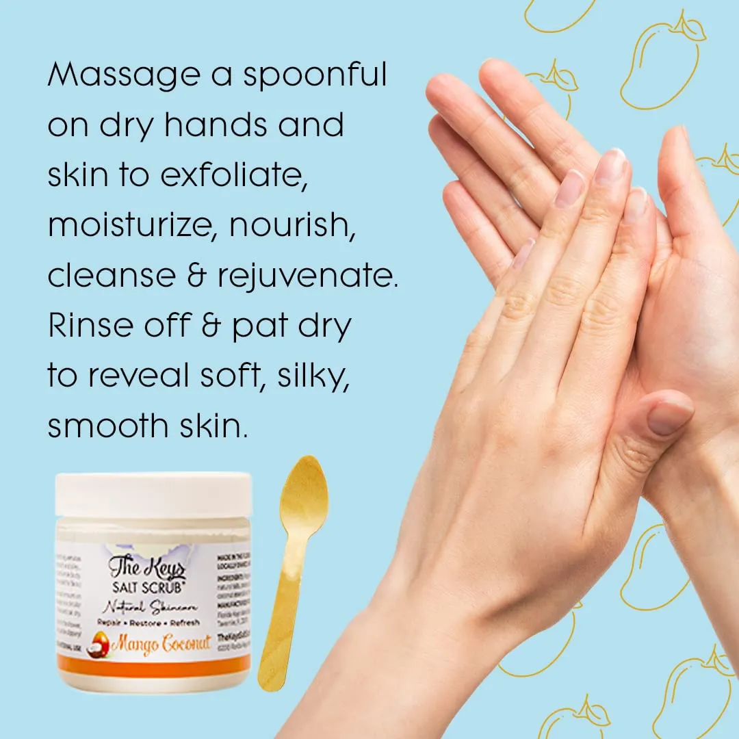 The Keys | Mango Coconut Sea Salt Scrub - Natural Exfoliating Body Scrub with Wooden Spoon, Organic Moisturizing Exfoliator for Face, Hand, Foot, Bath, Manicure/Pedicure & Bikini Area (3 pack 3.4 oz)