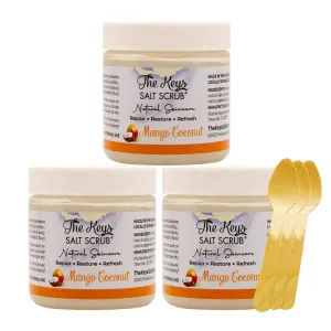 The Keys | Mango Coconut Sea Salt Scrub - Natural Exfoliating Body Scrub with Wooden Spoon, Organic Moisturizing Exfoliator for Face, Hand, Foot, Bath, Manicure/Pedicure & Bikini Area (3 pack 3.4 oz)