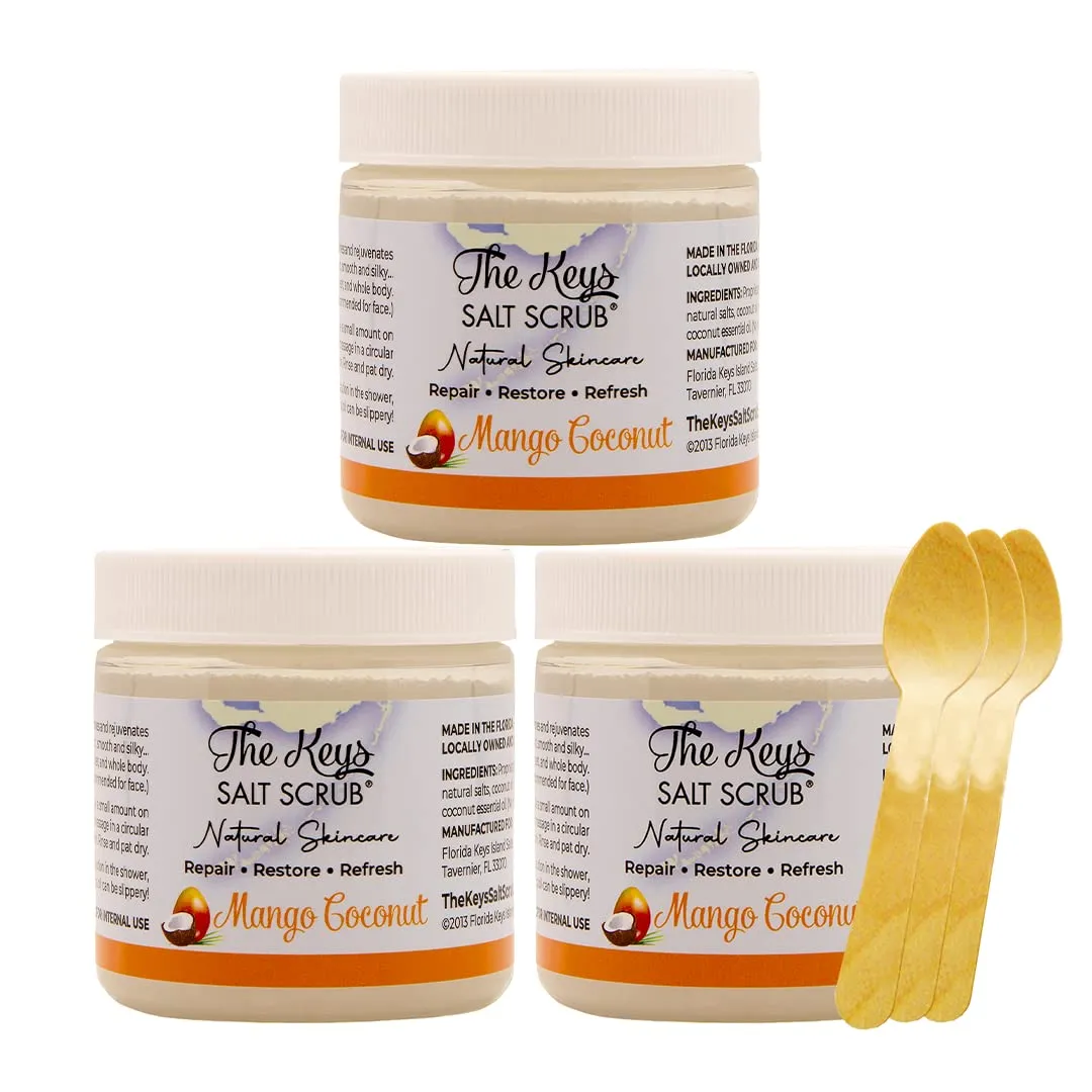 The Keys | Mango Coconut Sea Salt Scrub - Natural Exfoliating Body Scrub with Wooden Spoon, Organic Moisturizing Exfoliator for Face, Hand, Foot, Bath, Manicure/Pedicure & Bikini Area (3 pack 3.4 oz)