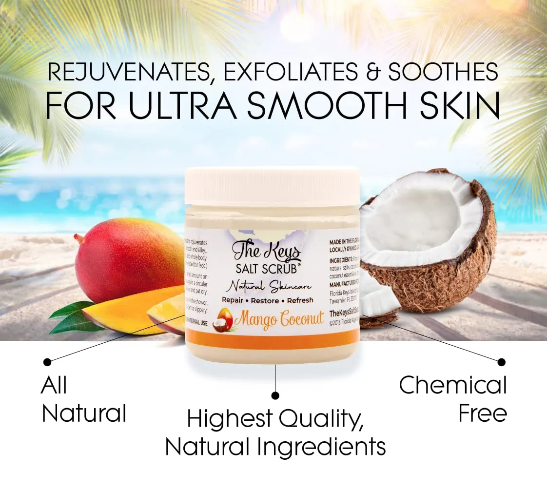 The Keys | Mango Coconut Sea Salt Scrub - Natural Exfoliating Body Scrub with Wooden Spoon, Organic Moisturizing Exfoliator for Face, Hand, Foot, Bath, Manicure/Pedicure & Bikini Area (3 pack 3.4 oz)