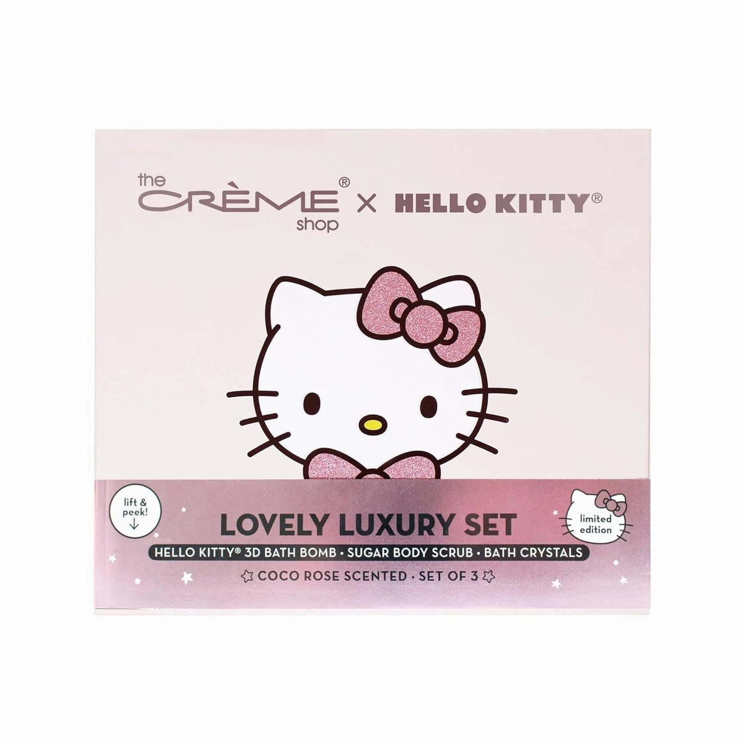 The Crème The Crème Shop x Hello Kitty Lovely Luxury Spa, Gifts For Her, Bath Essentials - Bath Bomb, Bath Crystal & Sugar Scrub (Cocoa Rose Scent)