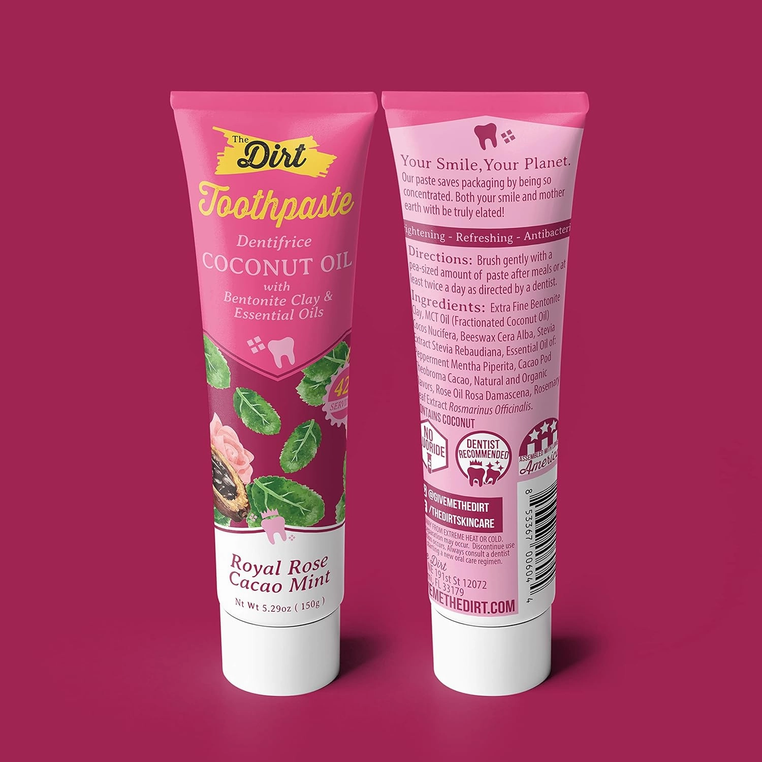 THE DIRT Coconut Oil Toothpaste - Fluoride & Gluten Free - Natural Oral Care for a Refreshing Smile - Rose Cocao Mint Flavor (150g: 6 Months Supply)