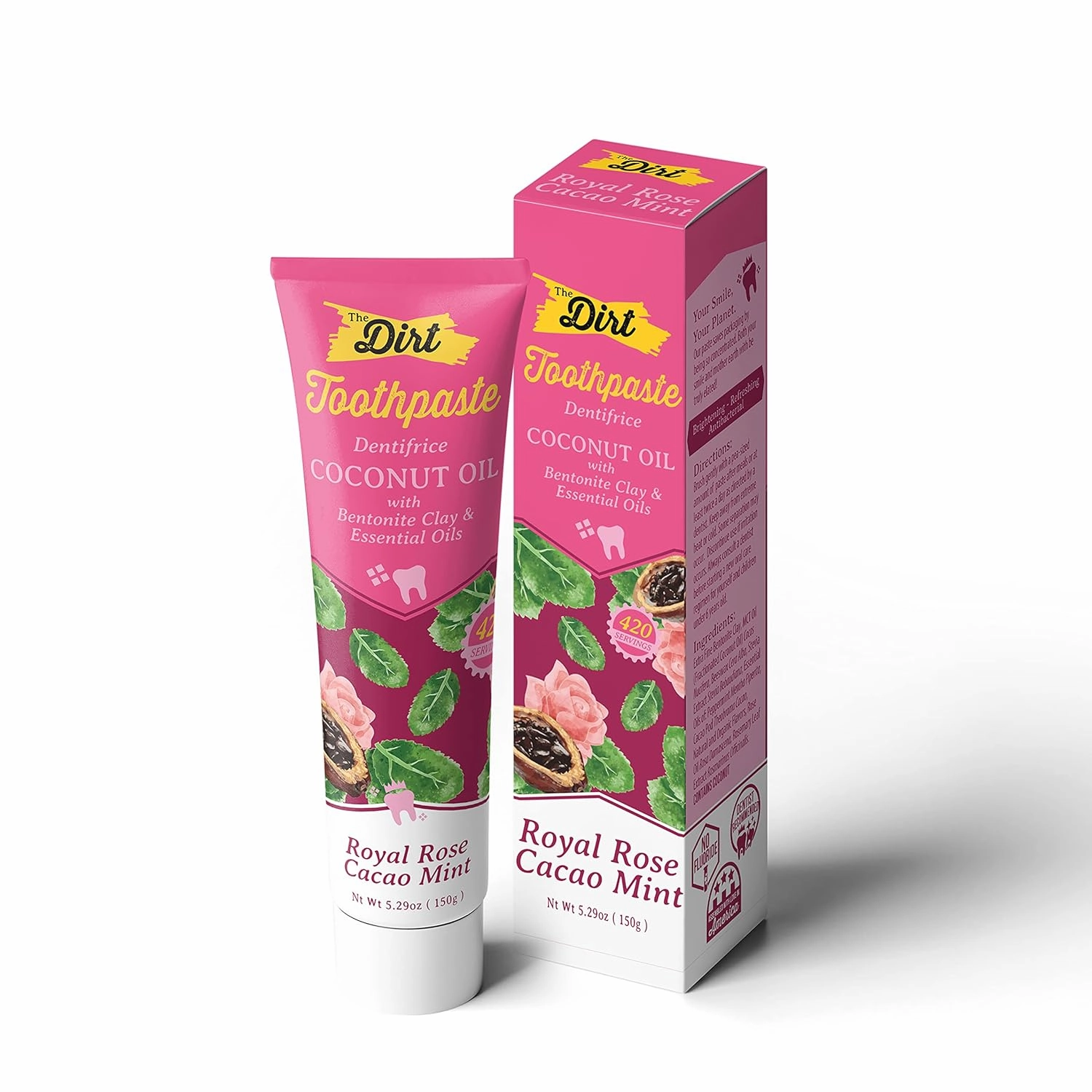 THE DIRT Coconut Oil Toothpaste - Fluoride & Gluten Free - Natural Oral Care for a Refreshing Smile - Rose Cocao Mint Flavor (150g: 6 Months Supply)