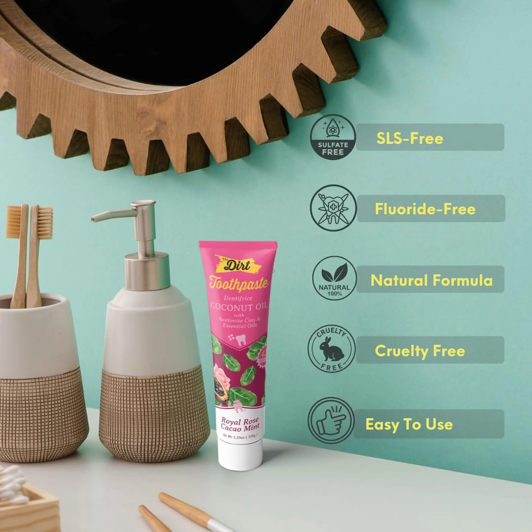 THE DIRT Coconut Oil Toothpaste - Fluoride & Gluten Free - Natural Oral Care for a Refreshing Smile - Rose Cocao Mint Flavor (150g: 6 Months Supply)