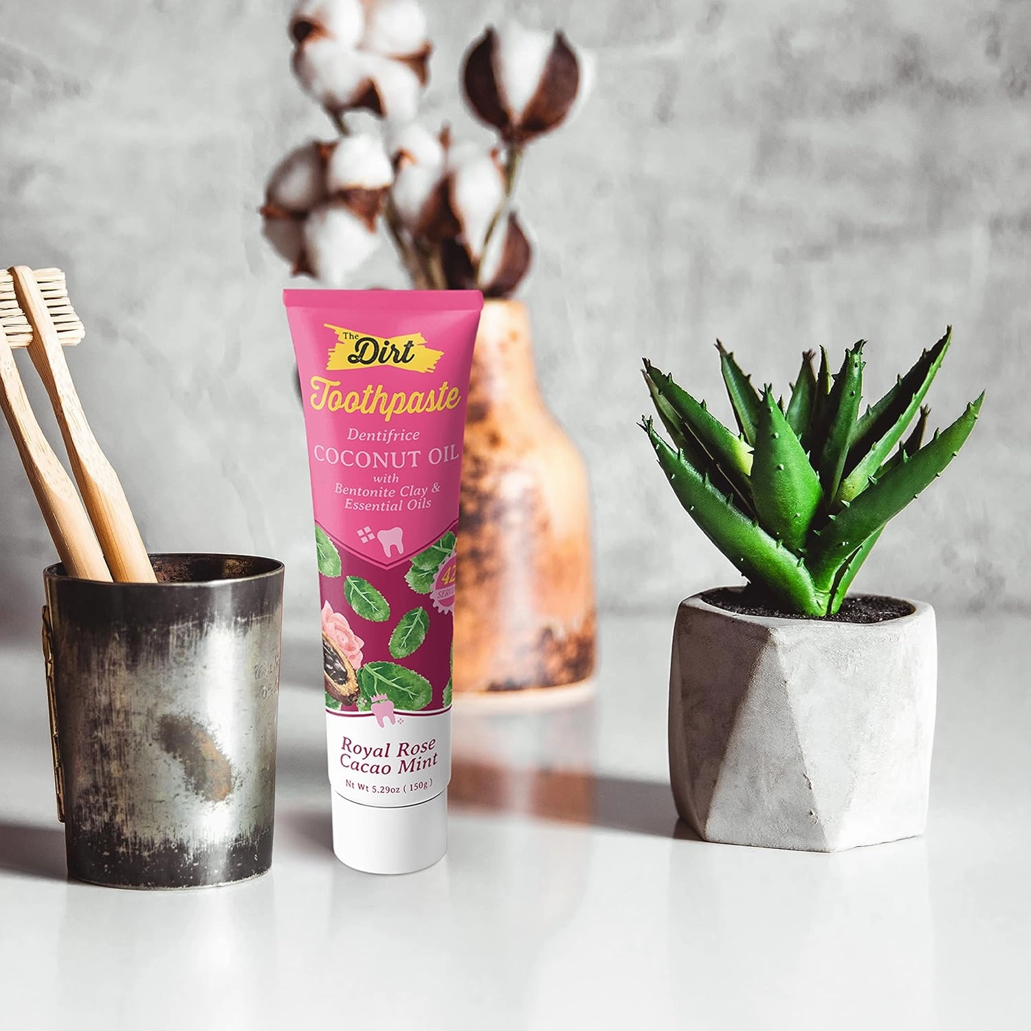 THE DIRT Coconut Oil Toothpaste - Fluoride & Gluten Free - Natural Oral Care for a Refreshing Smile - Rose Cocao Mint Flavor (150g: 6 Months Supply)