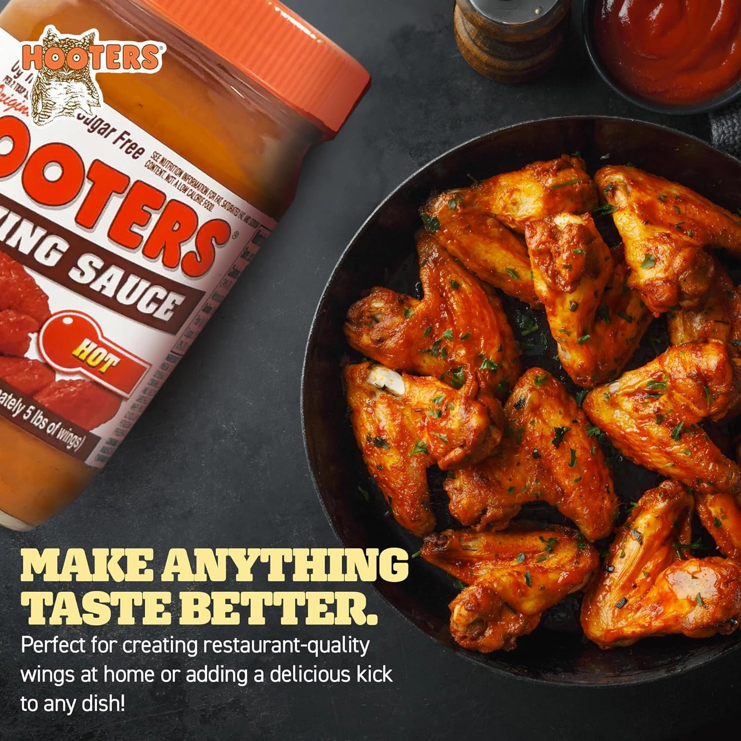 The Original Hooters Hot Wing Sauce - Spicy & Robust Flavor - Ideal for for Grilling, Chicken Wings, Ribs, Chops, Shrimp, Seafood & Dips - 12 fl oz