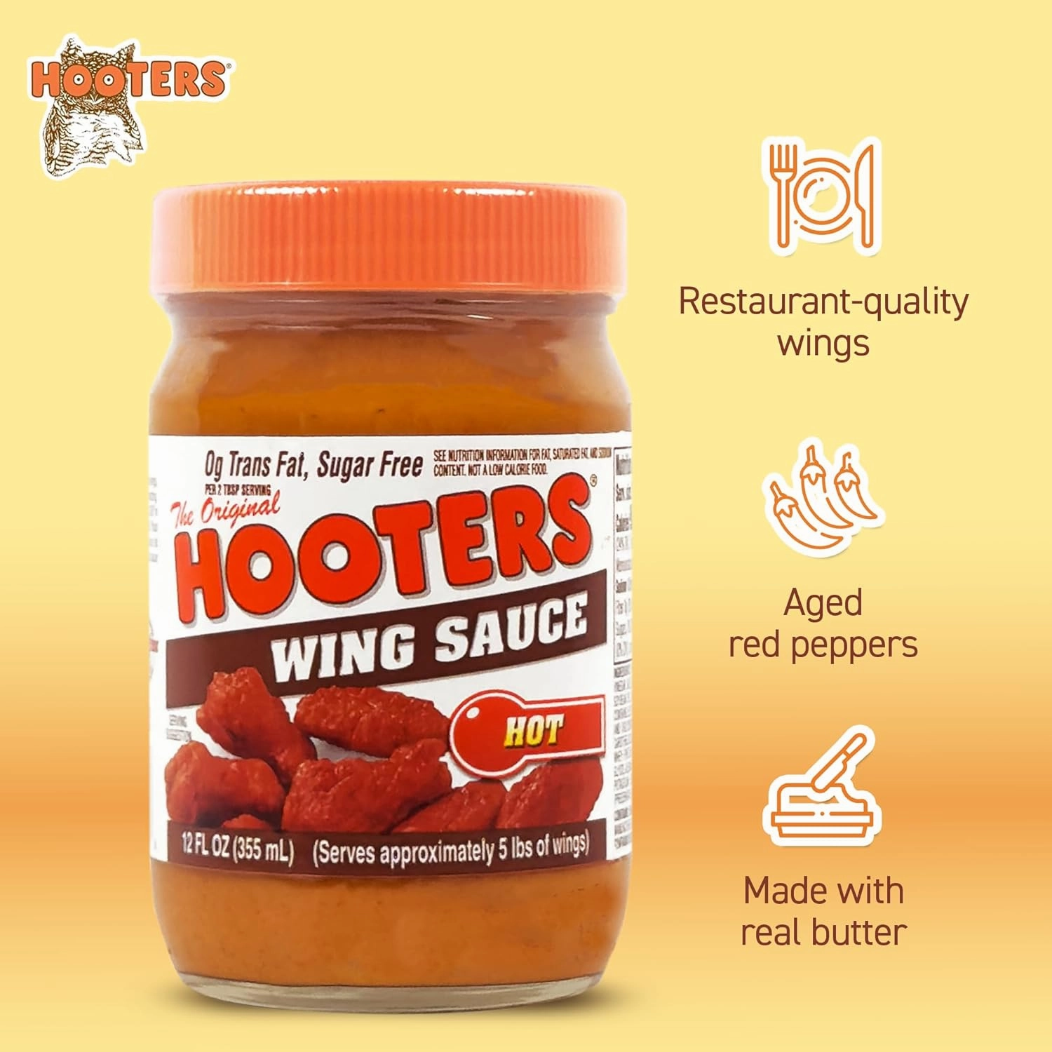 The Original Hooters Hot Wing Sauce - Spicy & Robust Flavor - Ideal for for Grilling, Chicken Wings, Ribs, Chops, Shrimp, Seafood & Dips - 12 fl oz