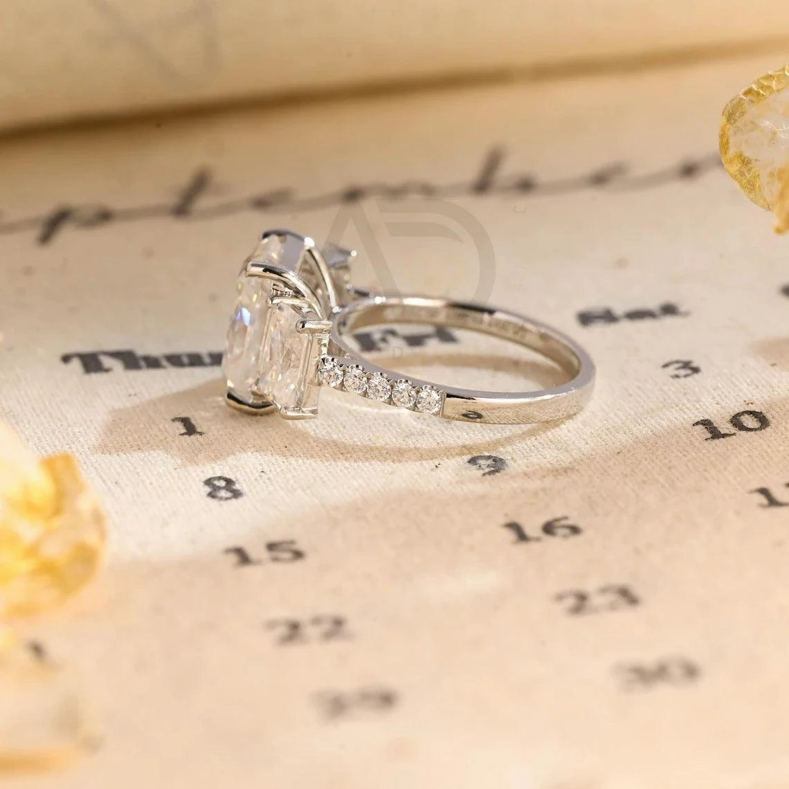Three Stone Pave Set Radiant Engagement Ring Solid Gold Rectangle Moissanite