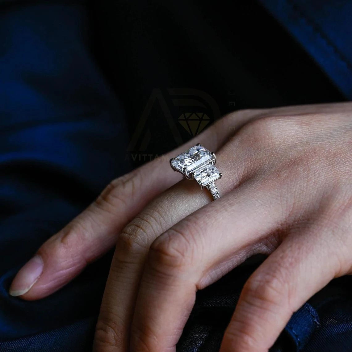 Three Stone Pave Set Radiant Engagement Ring Solid Gold Rectangle Moissanite