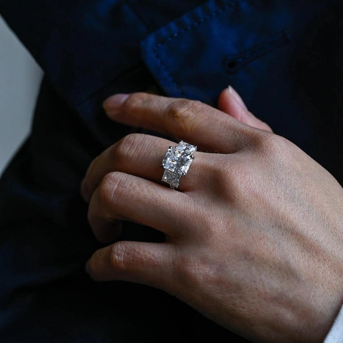 Three Stone Pave Set Radiant Engagement Ring Solid Gold Rectangle Moissanite