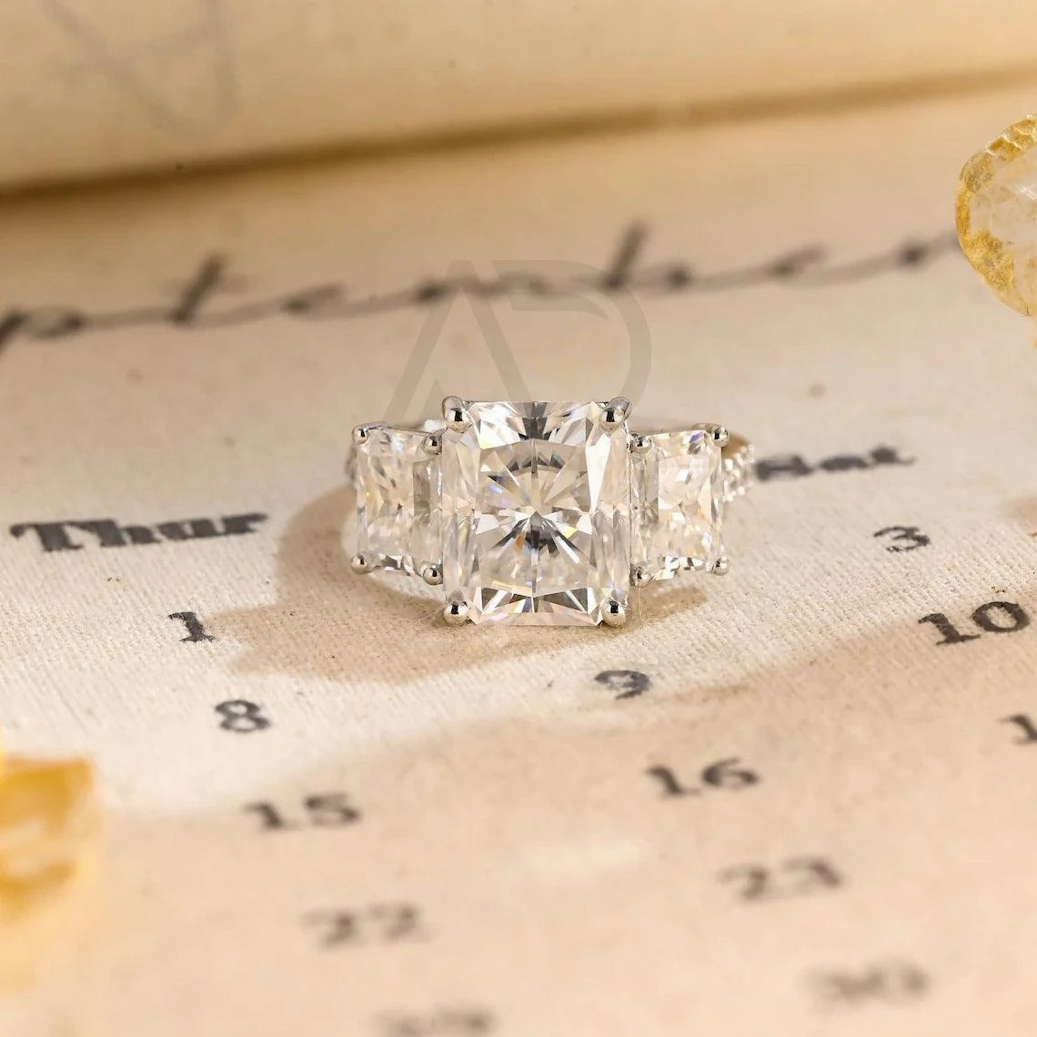 Three Stone Pave Set Radiant Engagement Ring Solid Gold Rectangle Moissanite