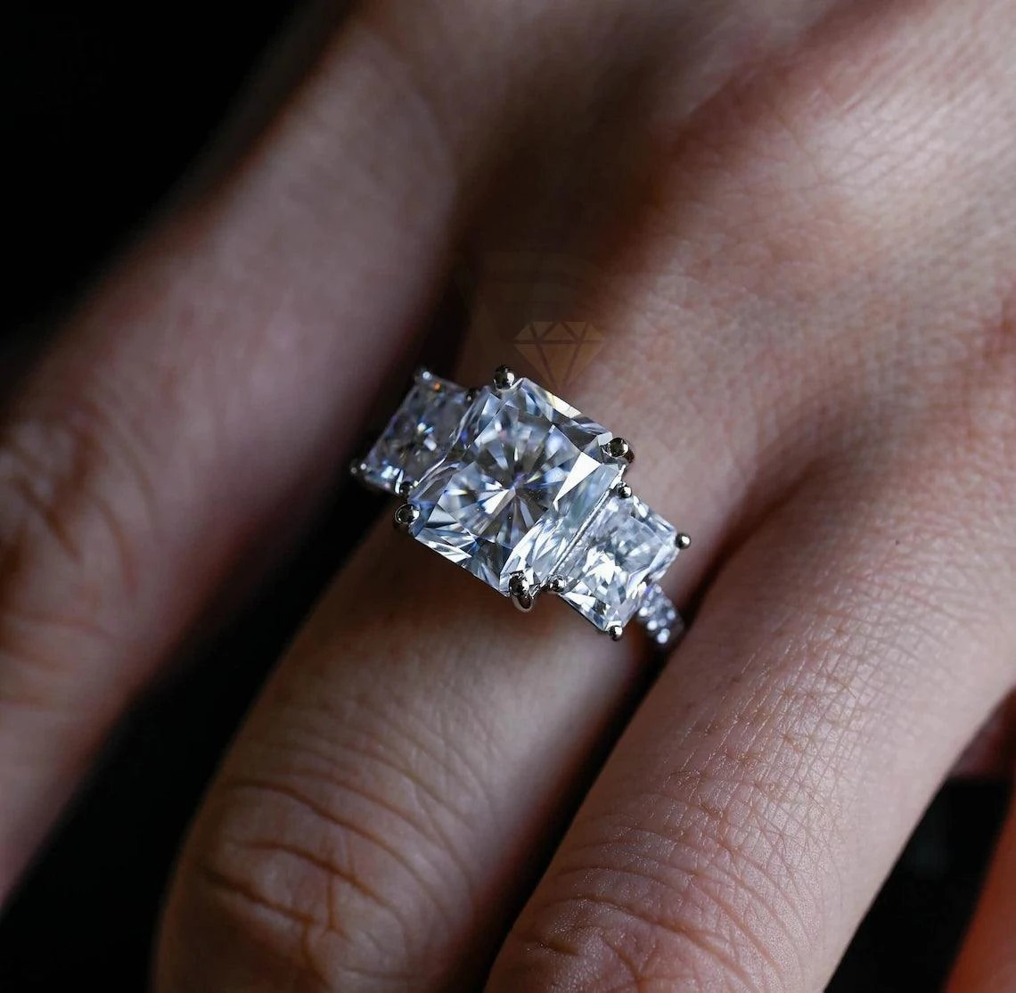 Three Stone Pave Set Radiant Engagement Ring Solid Gold Rectangle Moissanite