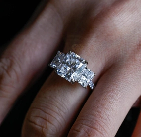 Three Stone Pave Set Radiant Engagement Ring Solid Gold Rectangle Moissanite