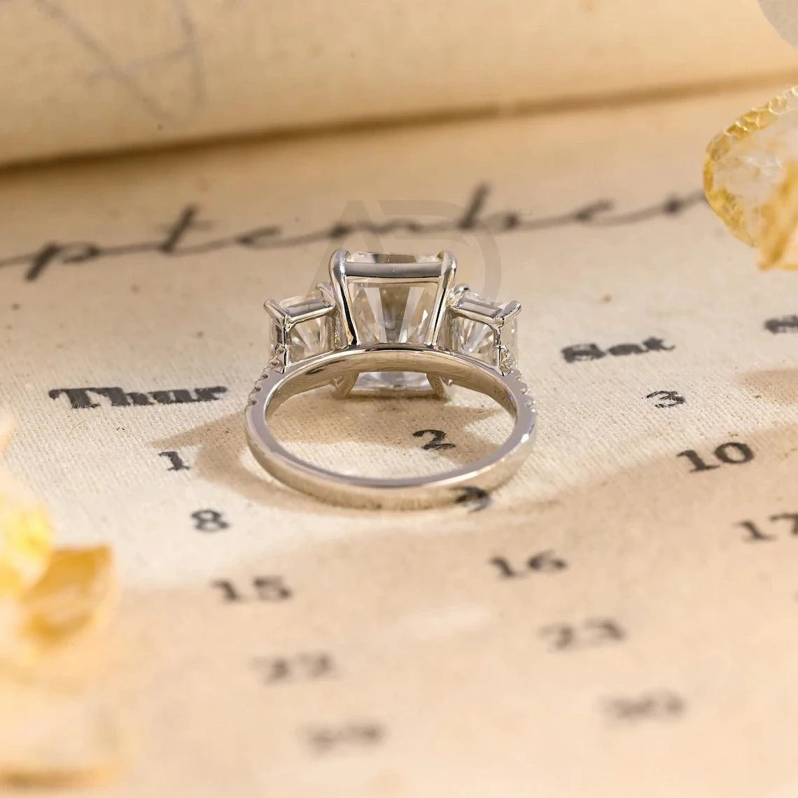 Three Stone Pave Set Radiant Engagement Ring Solid Gold Rectangle Moissanite