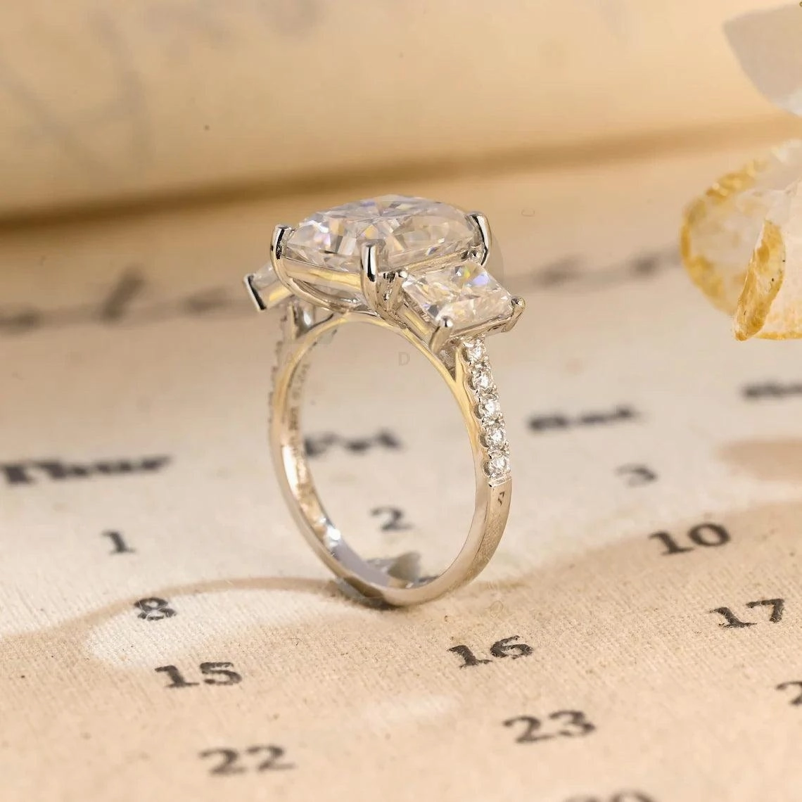 Three Stone Pave Set Radiant Engagement Ring Solid Gold Rectangle Moissanite