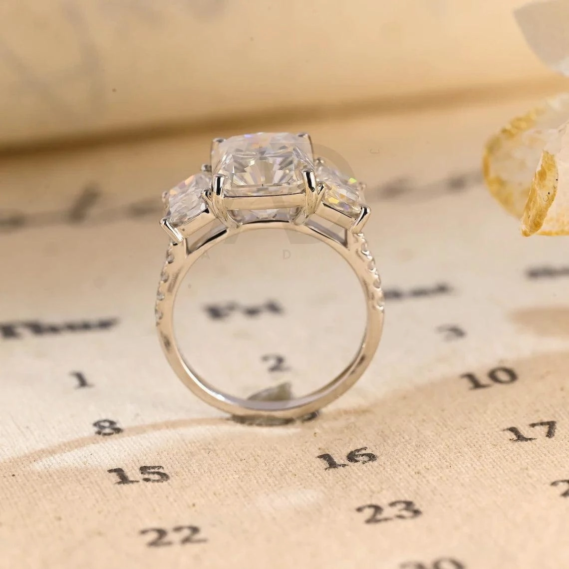Three Stone Pave Set Radiant Engagement Ring Solid Gold Rectangle Moissanite