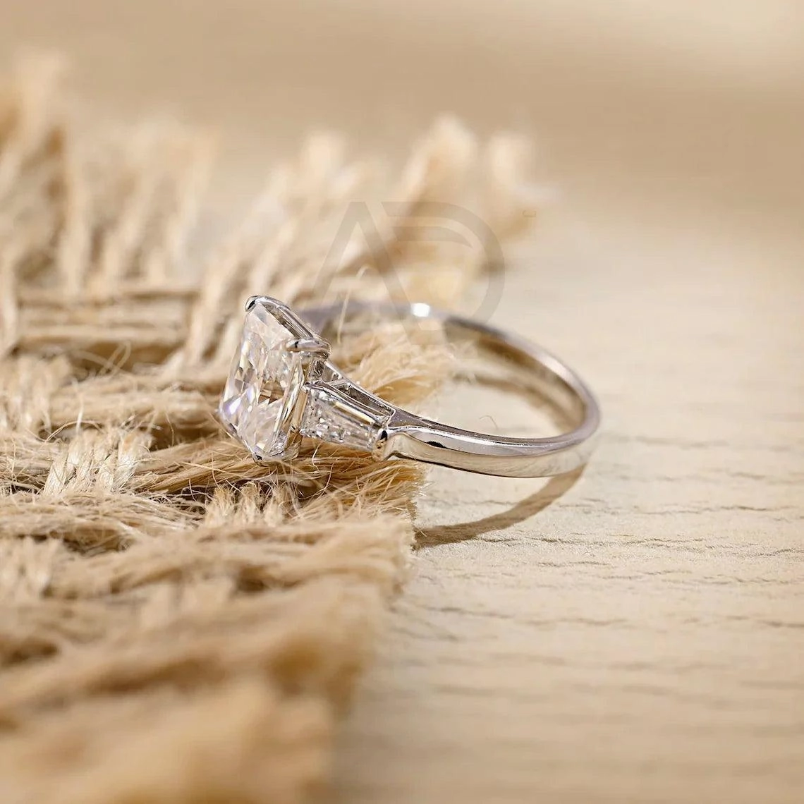 Three Stone Radiant Moissanite Engagement Ring Solid Gold Wedding Ring for Her